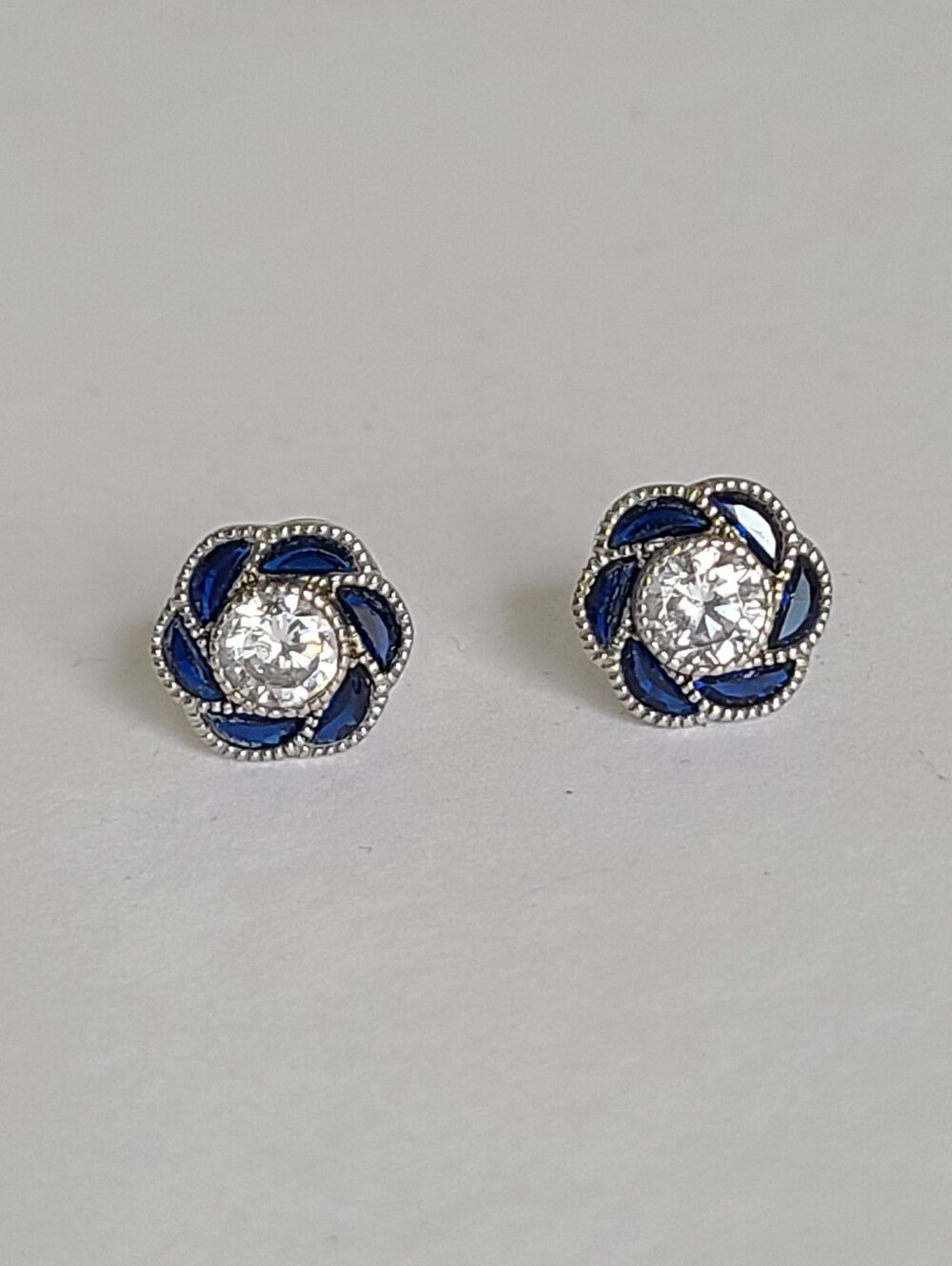 Luxury Sterling Silver Blue Sapphire White CZ Crystal Flower Stud Earrings